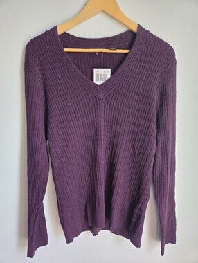 New JEANNE PIERRE Ribbed V-Neck Cotton Knit Sweater - Plum Purple